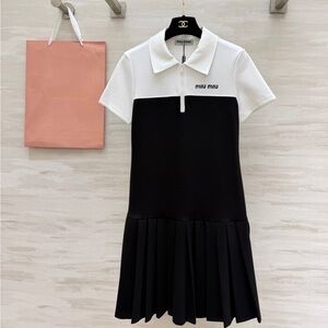 Miu Miu White and Black Patchwork Dress with Zipper Detail at the Neckline